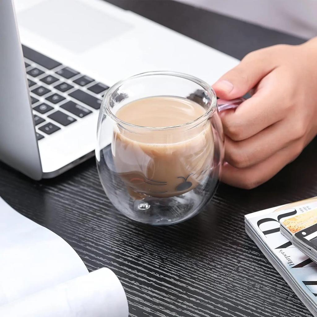1/2 st Söta Kattmuggar Med Handtag Glas Dubbelväggigt Isolerat Glas Espressokopp Kaffe Mjölkmugg Gåva
