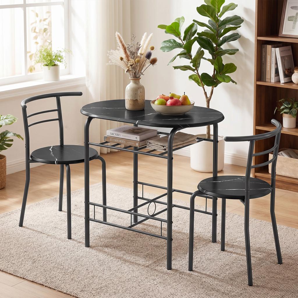 3-teiliges Esszimmer-Set, Küchentisch und Stühle für 2 Personen mit Regal, Wohnzimmer, Schwarze Marmoroptik