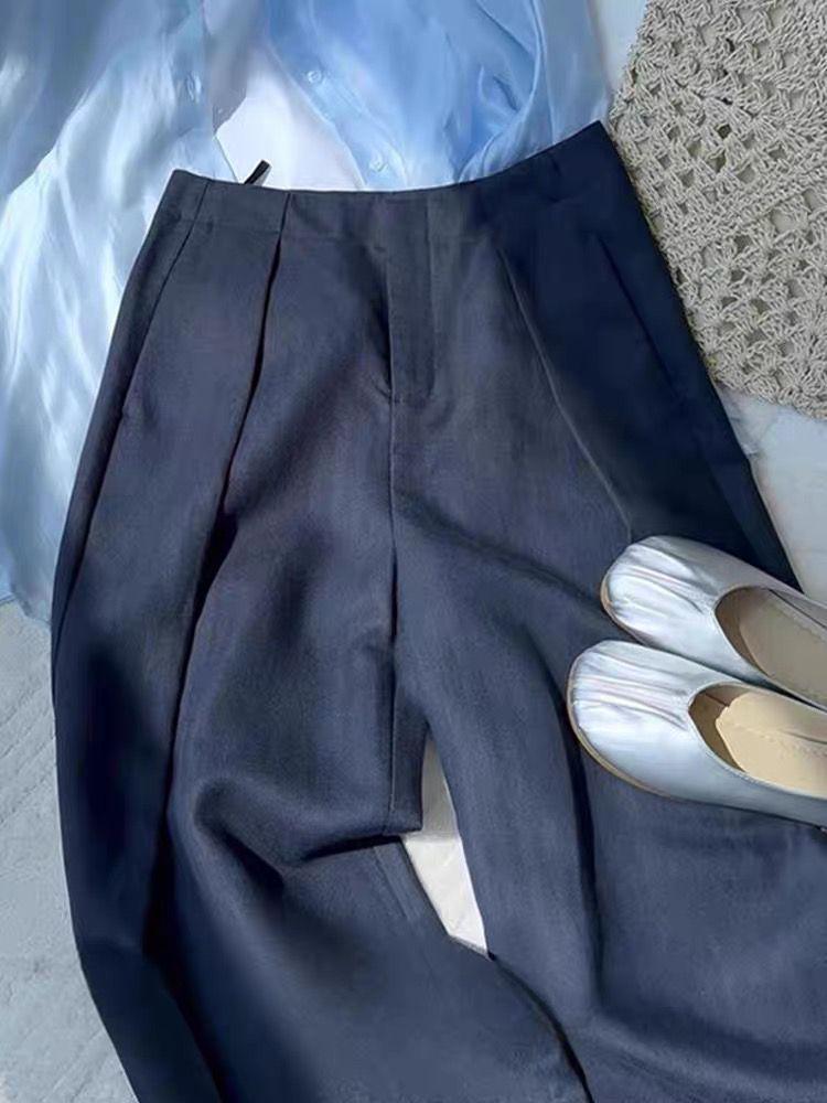 

Navy Blue Linen High-Waisted Pleated Pants - Perfect for Casual Summer Style, Non-Clingy. S темно-синий