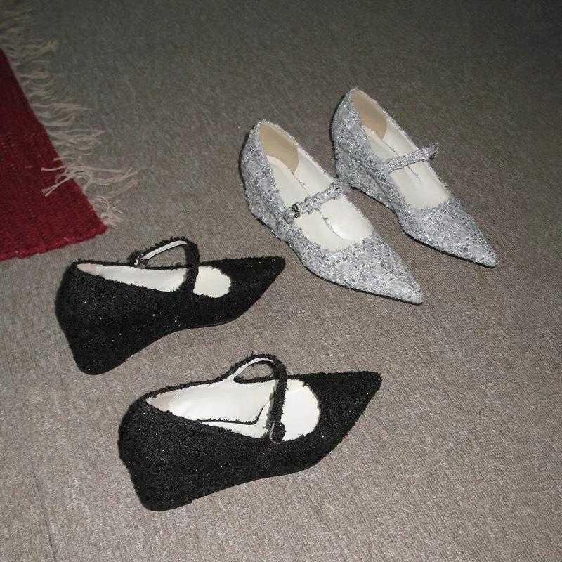Sheepskin version~ pointed wedge heel woolen single shoes women's spring versatile light mouth high heel with Mary Jane women's shoes