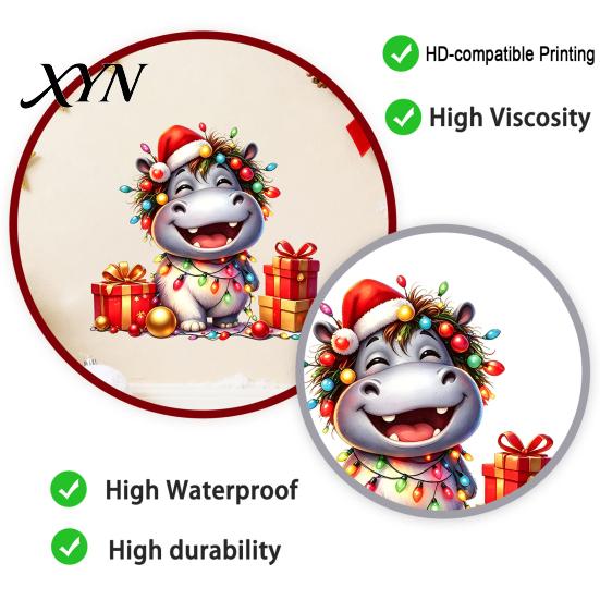Decorative Stickers for Balcony Cartoon Hippo Christmas Wall Decal, Cute Sticker with Colorful Lights & Creative Gift Kids Xmas Balls, Waterproof