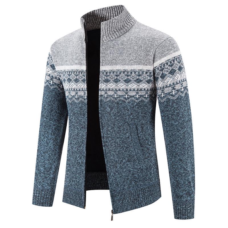Men's Autumn/Winter Zipper Cardigan: Plus Velvet, Thickened Knit Sweater with Stand Collar - Handsome Style