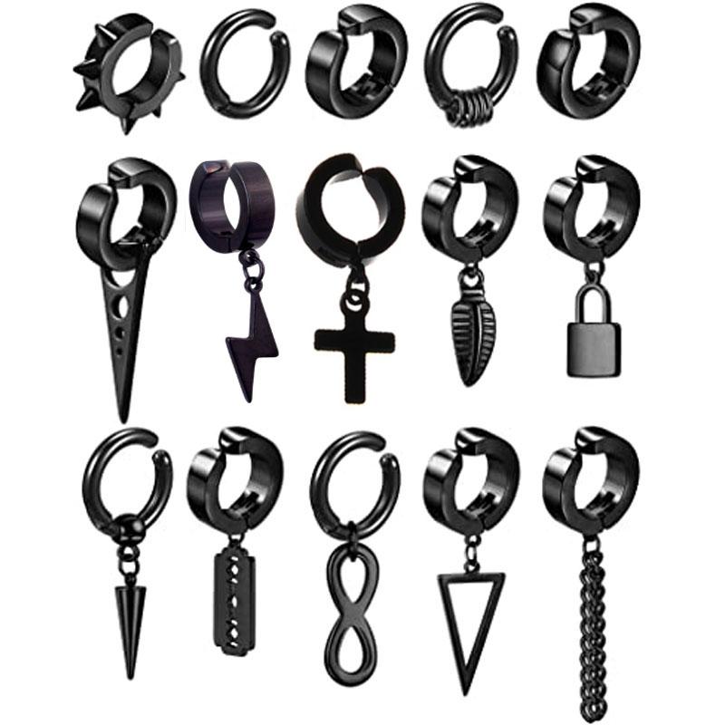 

1-15 Pieces Clip on Earrings Set for Men Stainless Steel Black Fake Piercing Earring Mens Hoop Non-piercing Earrings