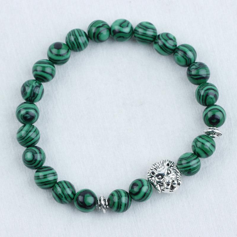 8mm Beaded Bracelet with Lion and Leopard Heads, Natural Volcanic Stone & Malachite on Elastic Cord