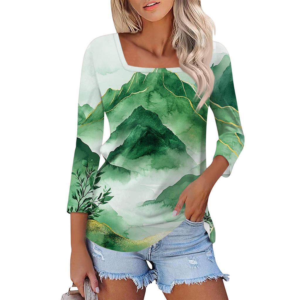 Women's T Shirt Tee Print 3/4 Sleeve Daily Weekend Fashion Basic Square Neck  Regular Top