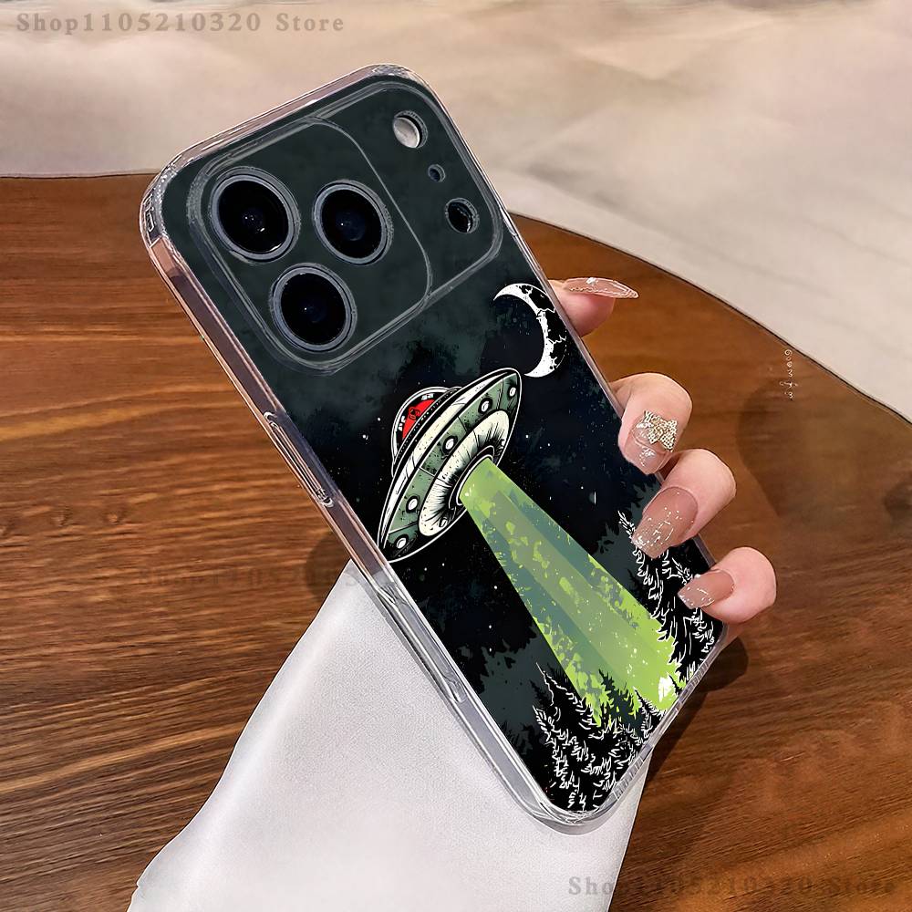 Funny Space UFO Thing Phone Case For iPhone 16,15,17,12,13,14,11 Max,Pro,Plus,X,XS,XR,SE4,E Mini Transparent Cover