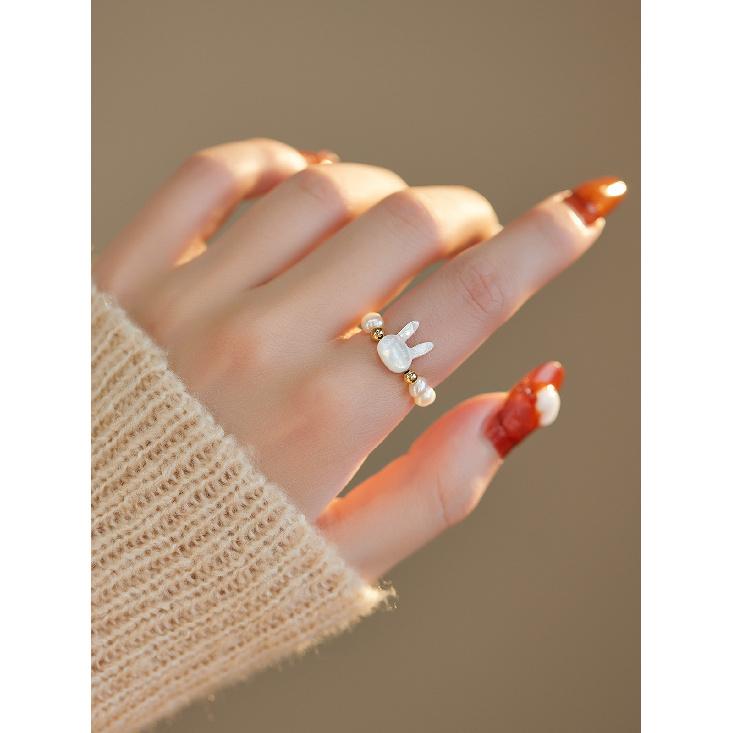 Shopkeeper's Recommendation Original design rabbit mother-of-pearl freshwater pearl rabbit ring joint tail ring for Japanese and Korean women