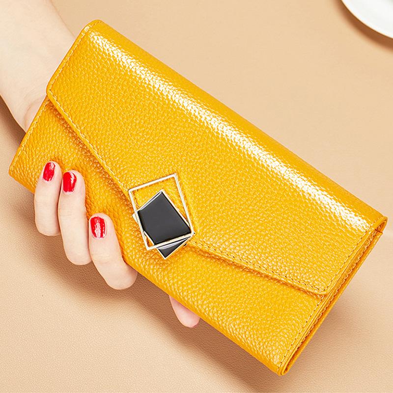 

Real leather pure leather wallet, long and fashionable yellow soft leather handbag for attracting wealth, large capacity and multiple card slots