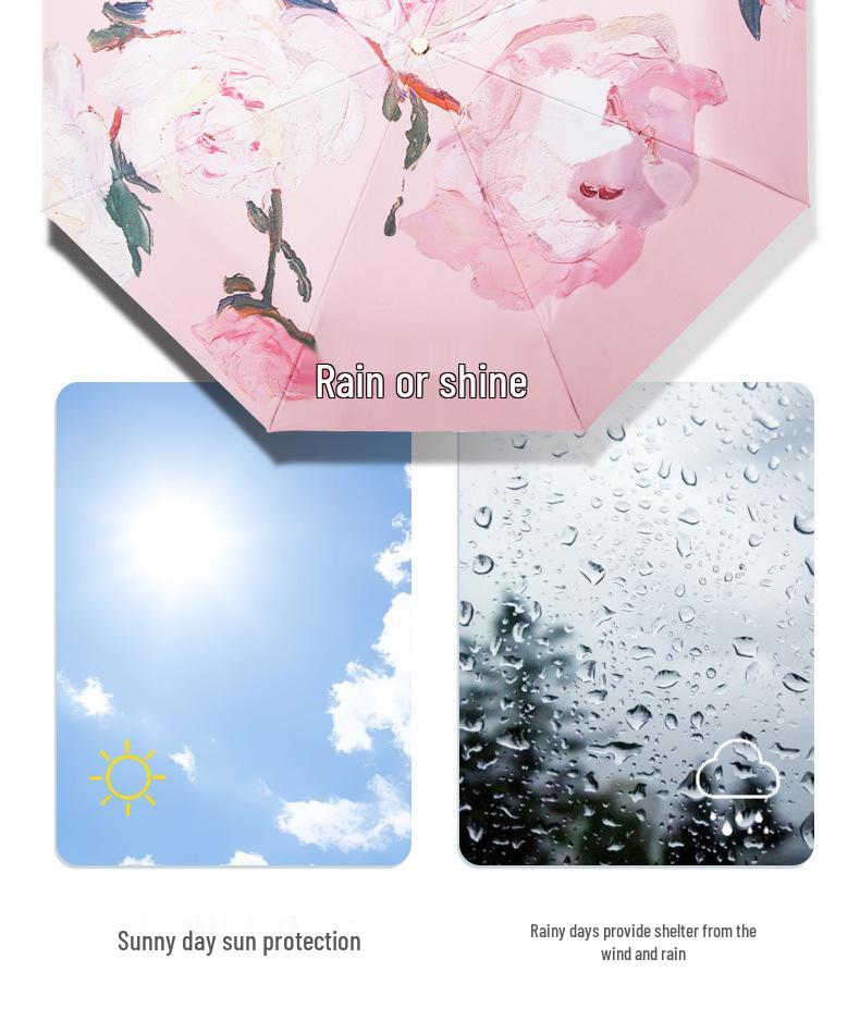 Automatic Black Glue Peony Sun & Rain Umbrella - Double-Layer Anti-UV, Oil Painting Design