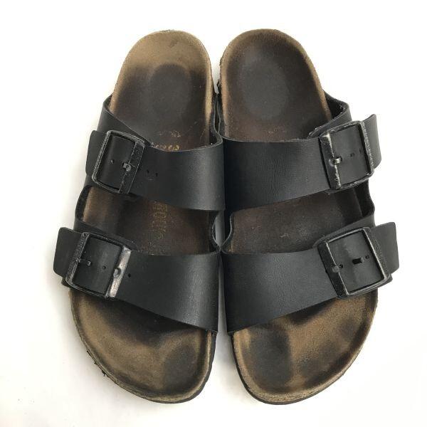 BIRKENSTOCK Arizona Flat Leather Sandals 24.5 Size 38 Black Made in Germany Shoes Trainers(USED)