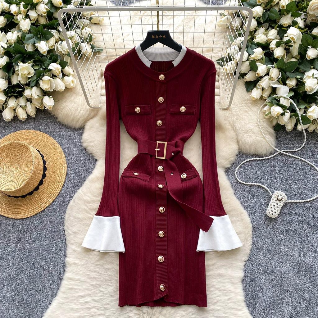 Podzim Zima Dámský Svetr s Dlouhým Rukávem Pletený Vánoční Párty Šaty Mini Krátké Pouzdrové Bodycon Šaty s Páskem