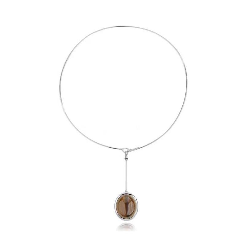 Geometric Pendant Necklace With Tiger Eye Stone Wood Grain Texture Boho Chic Minimalist Design Women Tiger s Eye Necklace