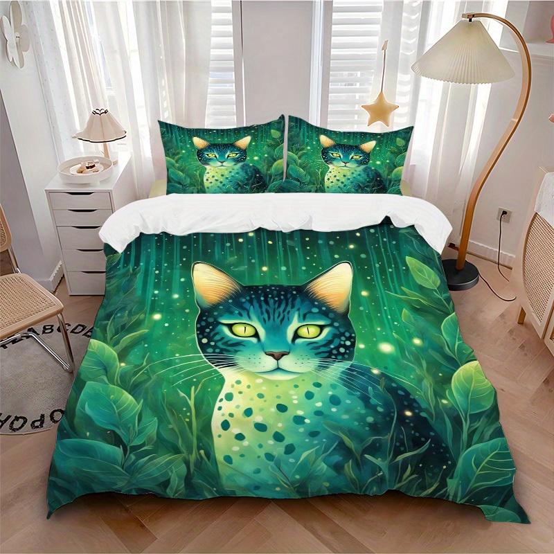 3pcs Forest Cat Bedding Set Down Comforter Cover and Pillowcases, Suitable for Guest Room Home Decoration All Seasons(No Insert) S0819053