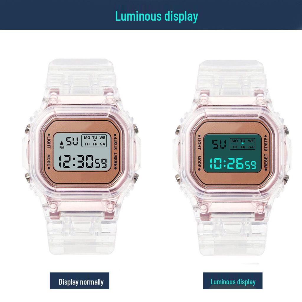 Waterproof Student Sport Digital Watch with Transparent Square Design and Luminous Alarm