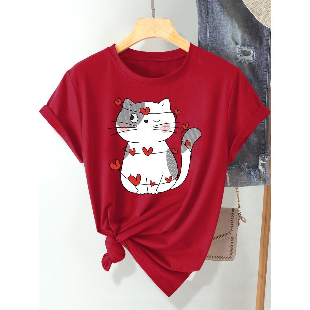 Women Cotton Short Sleeves T-shirts Heart Cat Women's Tee Cute Graphic Casual Beige Top
