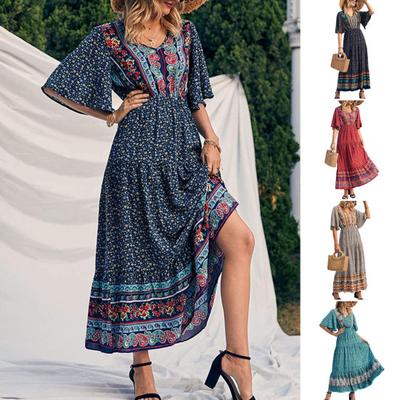 Women Dress Ethnic Bohemian Style Printing V Neck Short Sleeves Elastic Waist