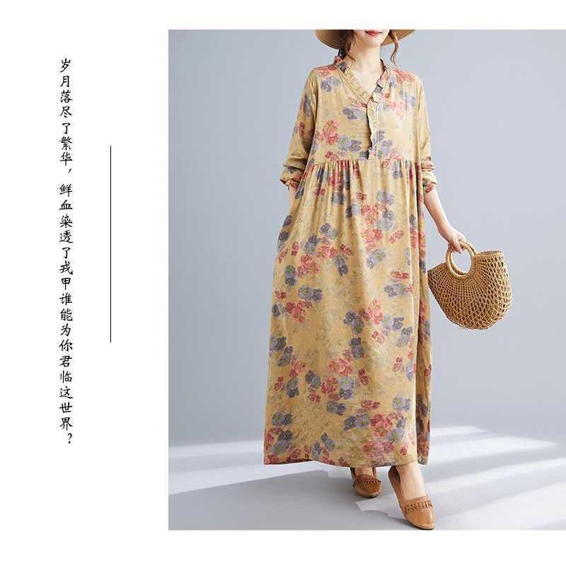 Season's New Vintage Print Loose Hem Long Dress