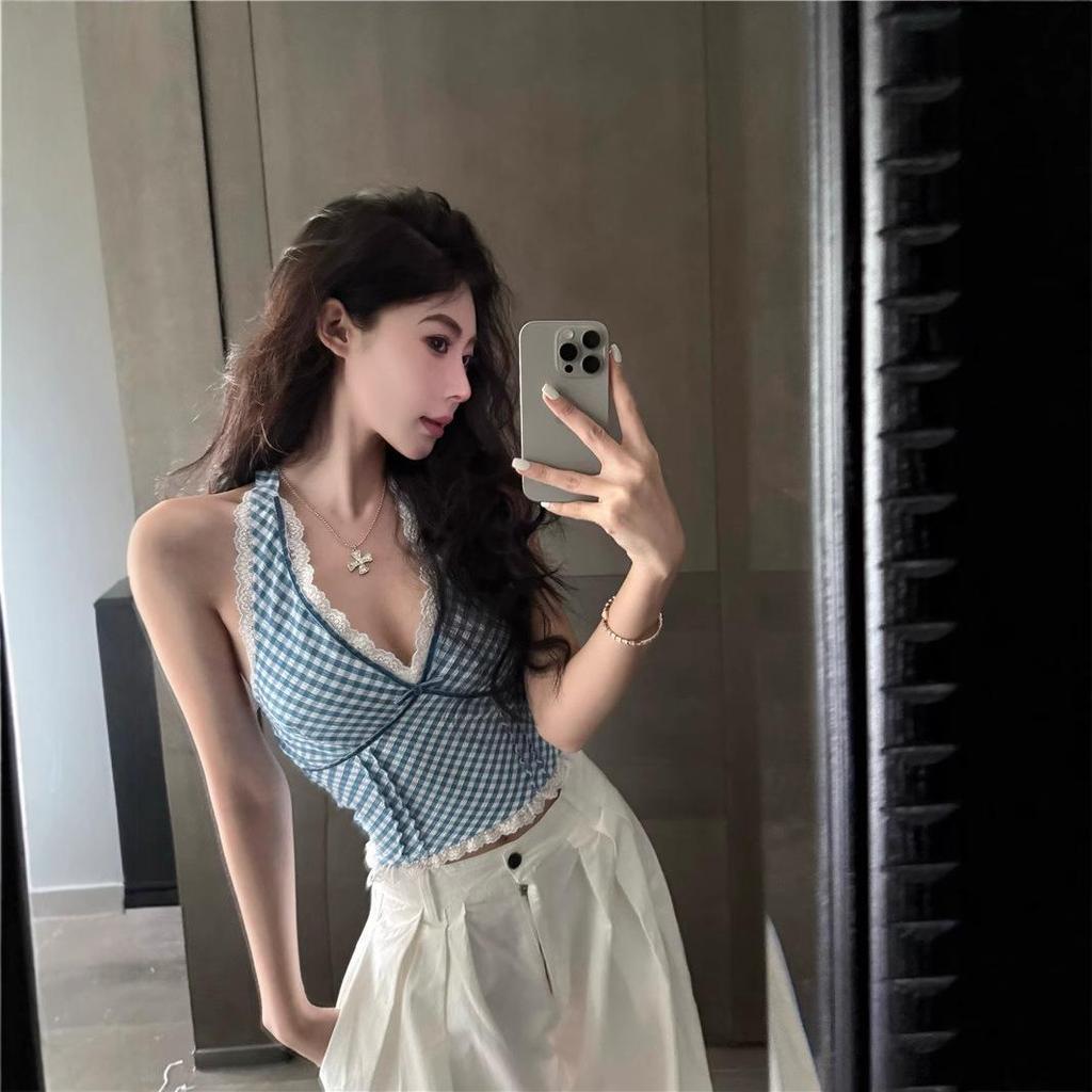 Pure & Sexy Red Plaid Lace Halter Top - Women's Summer Tank