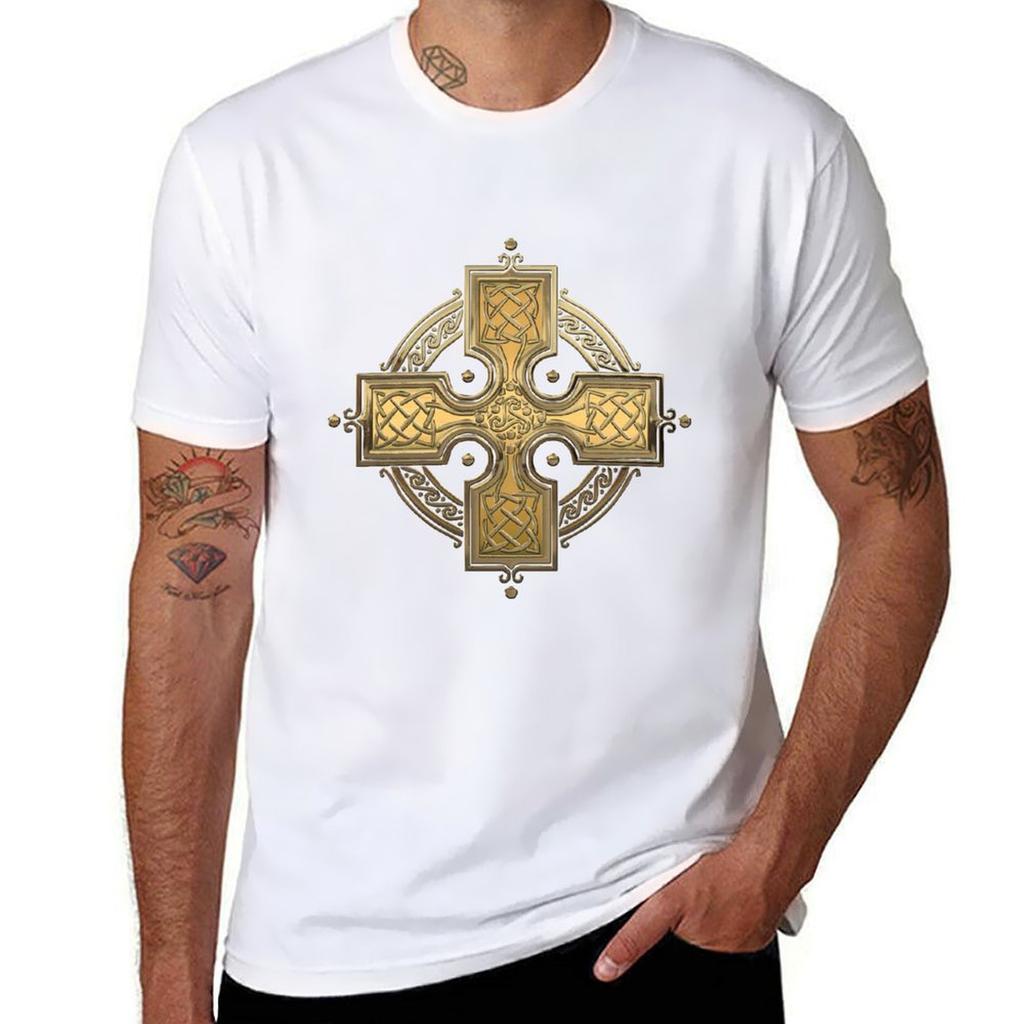 Ancient Gold Celtic Knot Cross over White Leather TShirt Work Duty Casual TShirt