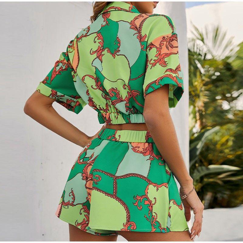 Beautiful Versatile Elegant Design Fashion Print Shirt Shorts Bohemia Style Sexy Two-Piece Suit