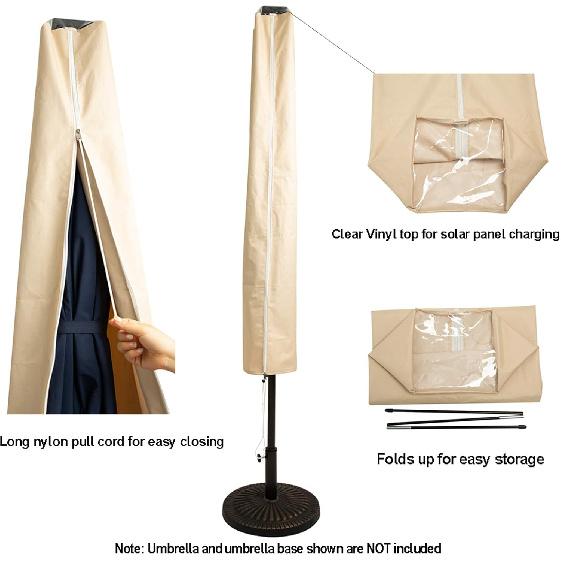 C-Hopetree Patio Umbrella Cover for 7ft to 11ft Solar LED Outdoor Market Umbrellas, Waterproof, with Zipper and Rod, Beige