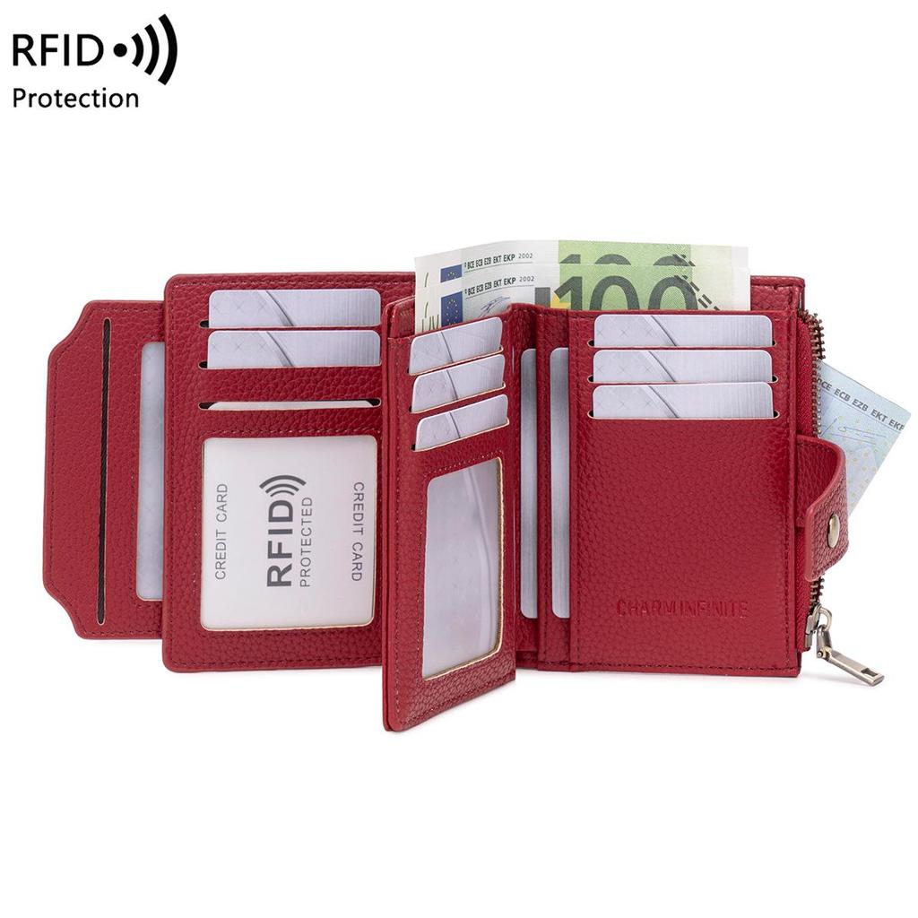 Women's RFID Soft Leather Short Wallet - Lychee Pattern, Zipper Closure, Card Holder, Fashionable Design