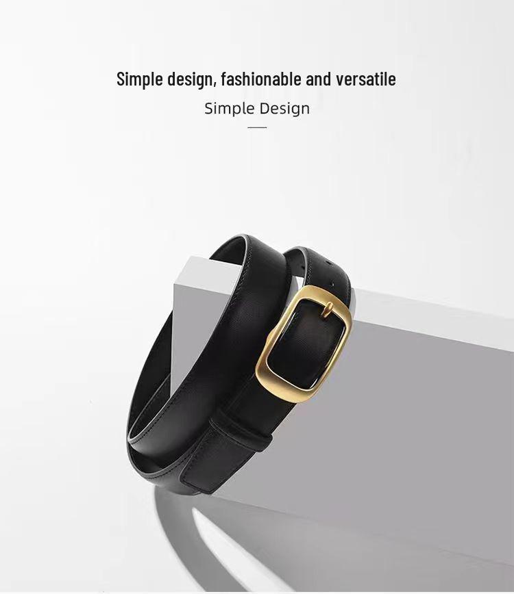 Women's Versatile Black Leather Belt - Fashionable Decorative Waistband for Jeans
