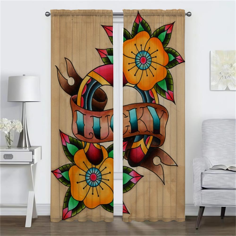 Set Of 2 Elegant New School Tattoo Curtains Camera Room Shades Tulle Bedroom Window Curtain Blinds Darkening Polyester Ideal For