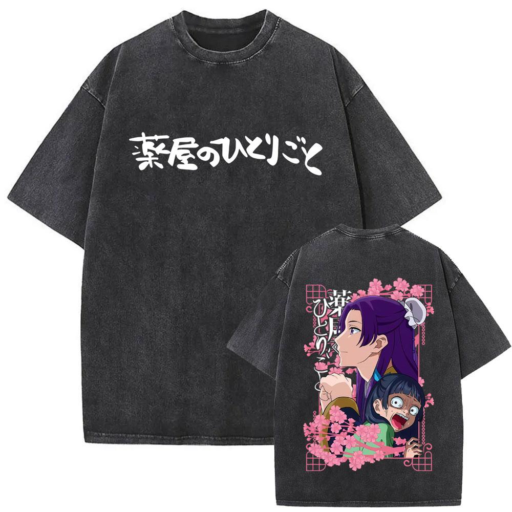 Gewaschenes Vintage Japanischer Anime The Apothecary Diaries Maomao Doppelseitiger Druck T-Shirt Herren Damen Freizeit Kawaii Lustige T-Shirts