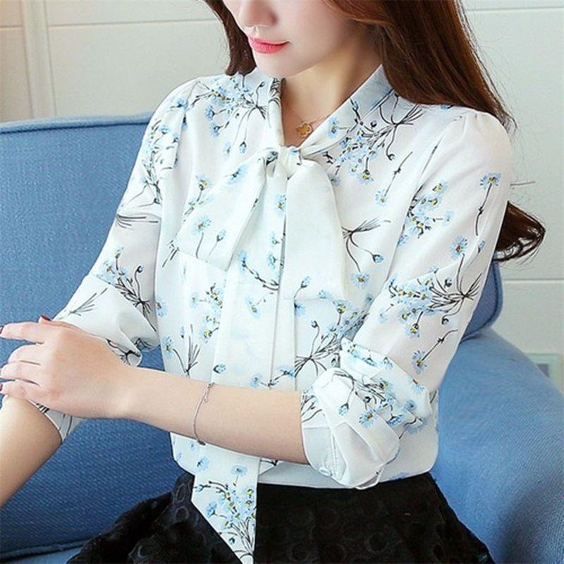 Chiffon women s long-sleeve 2026 new spring and autumn loose fashion versatile bow print shirt S белый