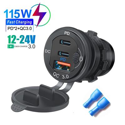 Car Charger Socket PD3.0 & QC3.0 USB Type-c Ports Waterproof with LED Touch Switch 115W Fast Charging 12V/24V For Moto Adapter