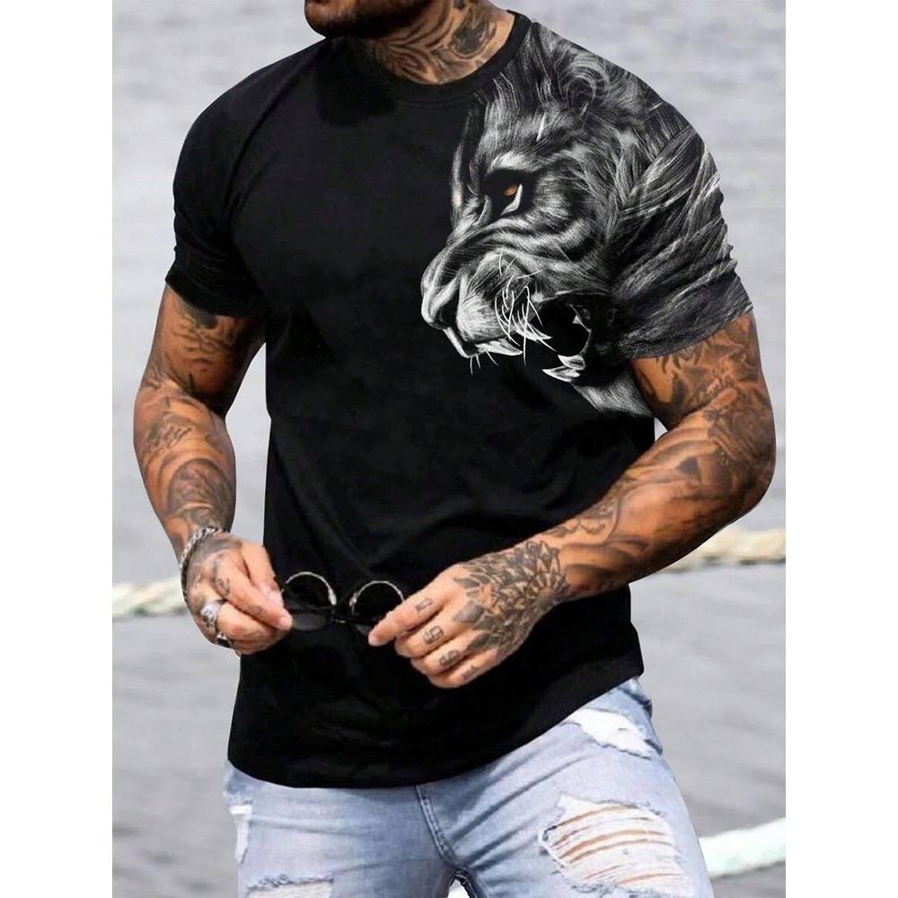 Nowa Letnia Męska Koszulka Casual Outdoor Codzienna Uliczna Top z Krótkim Rękawem Nadruk Lwa Sportowa Moda