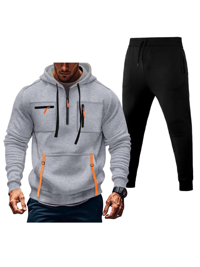 Men's Multi-Zipper Hoodie Sweatshirt & Sweatpants Set with Pockets