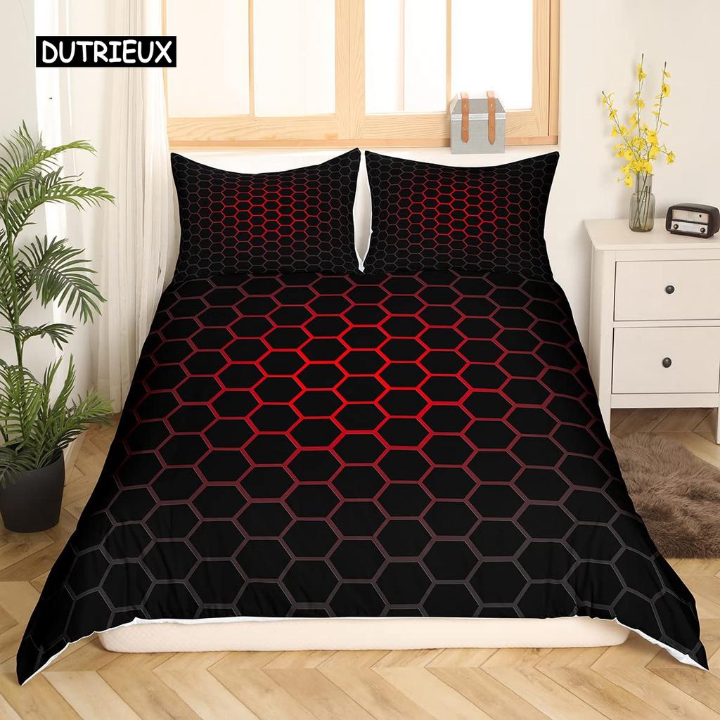 Red Glowing Polygonal Grid Pattern Bedding Set, 135×200 Duvet Cover Set With Pillowcase, 260×220 Quilt CoverBlack Blanket Cover