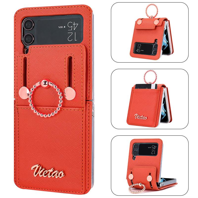 

VIETAO Z Flip 3 Phone Case With Finger Ring Holder, PU Leather Cell Phone Cover For Galaxy Z Flip 3 With Card Slot, Rose Gold Galaxy Z Flip3 5G помаранчевий
