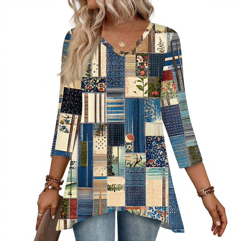 Dámské topy s výstřihem do V a 3/4 rukávem, ležérní košile střední délky, módní tuniky s potiskem