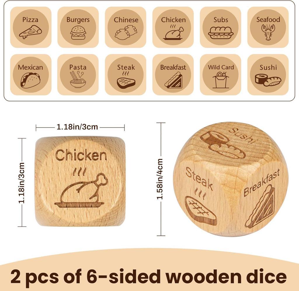 Beech Wood Twelve-Sided Decision Dice for Food, Activity, Movie, and Date Night