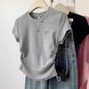 Women S Summer Sweet Style Embroidered Solid Short Sleeve T Shirt With Ruched Waist