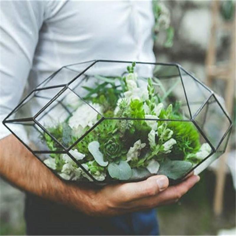 Handmade Glass Terrarium / Modern Planter for Indoor Gardening / Geometric Crystal Shape Orchid Planter Table Greenhouse Black