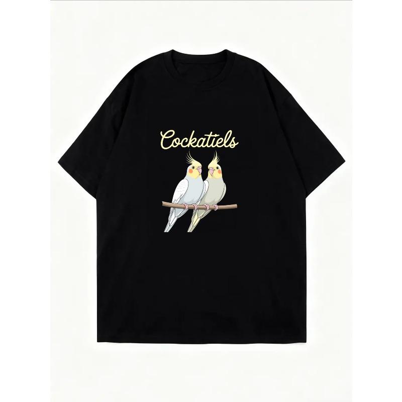 Crew Neck T Shirt White Cockatiels Birds And Text Design Casual Wear For Everyday Outings And Leisure Activities