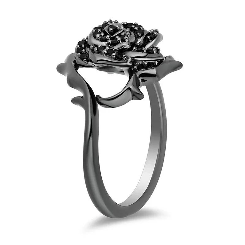 Huitan Novel Black Flowers Rings for Women Unique Gorgeous Personal Finger Accessories Elegant Attractive Wedding Band Jewelry