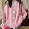 2025 Autumn/Winter Loose Candy Color V-Neck Knit Cardigan with 3D Flower Bow for Women