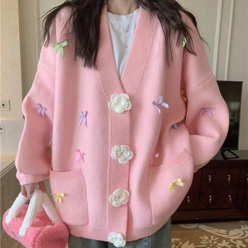2025 Autumn/Winter Loose Candy Color V-Neck Knit Cardigan with 3D Flower Bow for Women