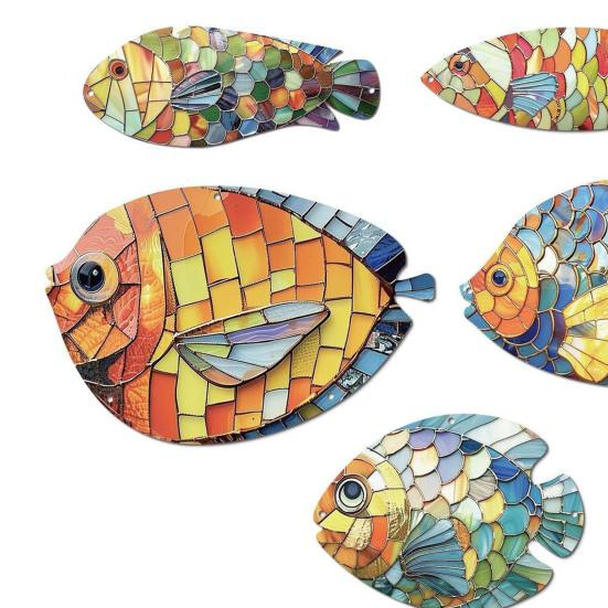 5 Pcs Wood Fish Wall Art Nautical Hanging Fish Wall Decor Rustic Fish Farmhouse Wall Sculpture for Beach Lake House Bathroom Decoration
