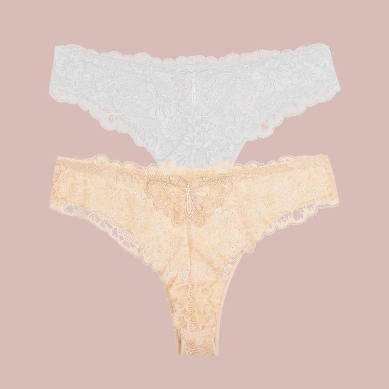 2Pcs Lace Butterfly Print Women's Underwear Sexy Hollow Out Thongs Trendy Breathable Panties Lady Perspective G-String Lingerie