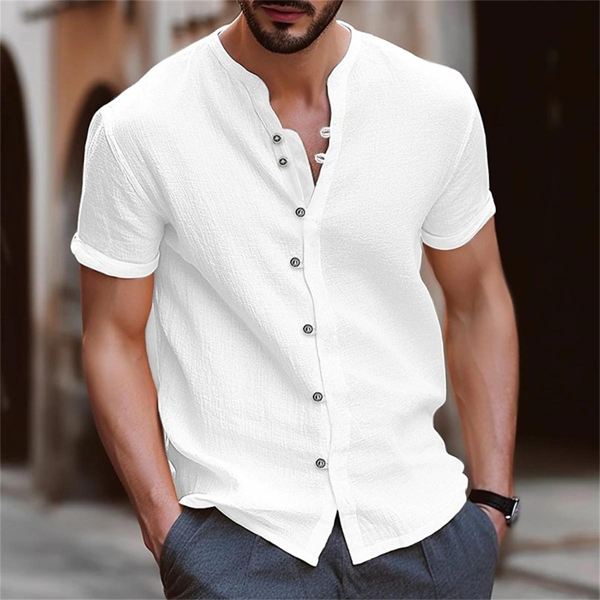 

Men s Shirt Cotton Short Sleeve Casual Solid Color Retro Street Style British Style Summer Loose Collar Simple Cardigan XXXL белый