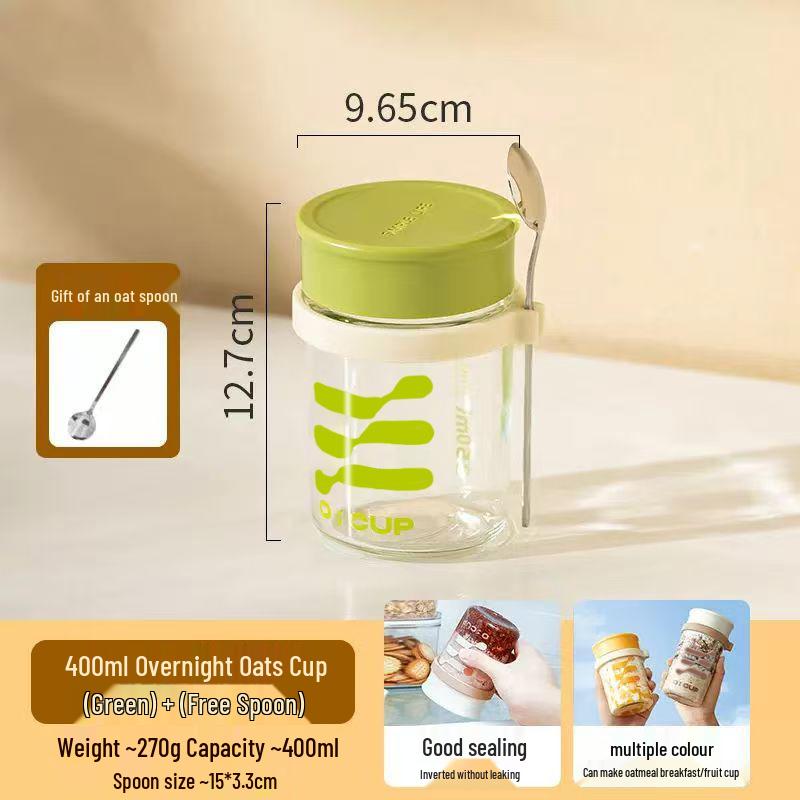 

Portable Oatmeal & Yogurt Glass Jar with Lid - Transparent Breakfast, Milkshake, Cereal, or Water Cup 400ml зелёный