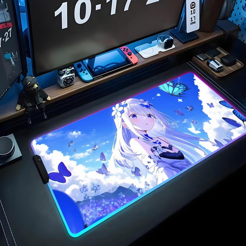 Anime Girls Mouse Pad RGB Gaming Mousepad Big LED Pad PC Desk Mat Luminous Mouse Pad Large Keyboard Mats Table Rug With Backlit