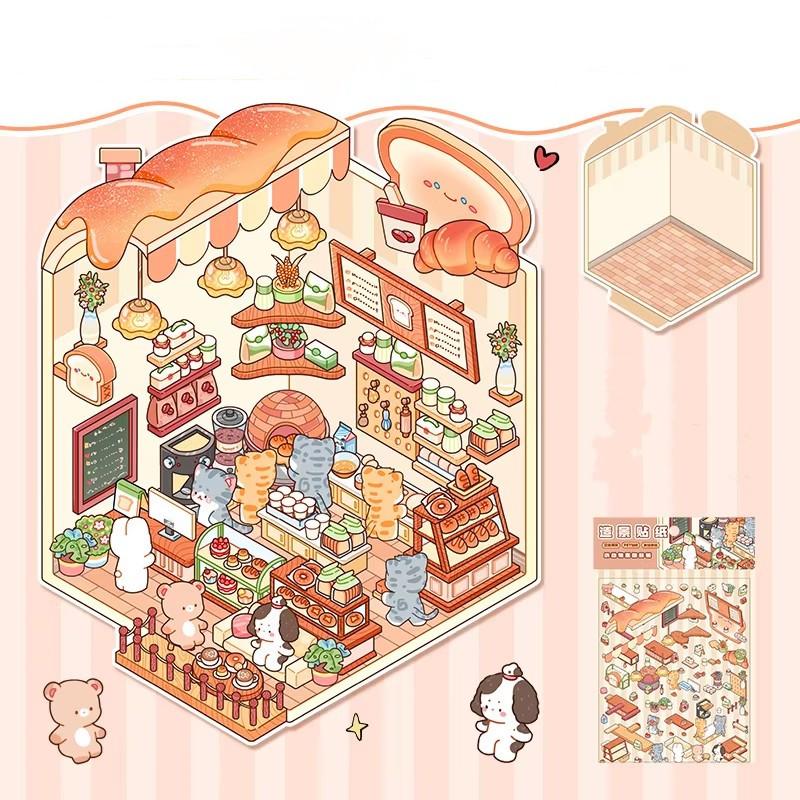 Cartoon Food Street Landscape Sticker Cabin Scene DIY Toy Game Sticker Festival Birthday Gift for Kids Girls and Children