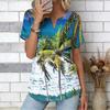 Women Blue Ocean Coconut Palm Beach Print Short Sleeve V Neck Blouse